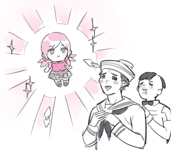 1girl 2boys =_= blunt_bangs blush character_doll dixie_cup_hat doll drooling hat higashikata_joshu higashikata_josuke_(jojolion) hirose_yasuho jojo_no_kimyou_na_bouken jojolion merchandise military_hat multiple_boys object_focus open_mouth own_hands_together pink_hair reammara sailor sparkle stuffed_toy tooth_gap white_background