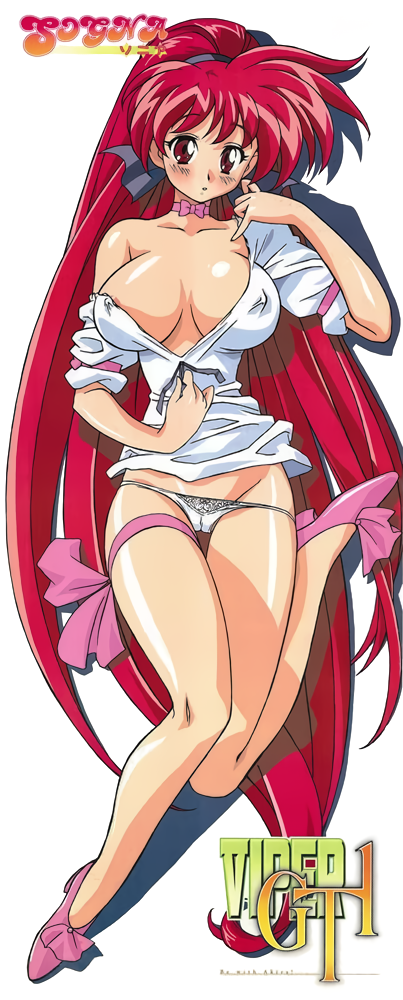 1990s_(style) 1girl blush breasts breasts_apart choker cleavage copyright_name covered_erect_nipples high_ponytail honjoji_akira huge_breasts kimura_takahiro leg_ribbon long_hair non-web_source official_art panties pink_choker pink_shoes ponytail red_eyes red_hair retro_artstyle ribbon shiny_skin shoes short_sleeves sogna solo thigh_ribbon underwear very_long_hair viper_(series) viper_gt1 white_panties