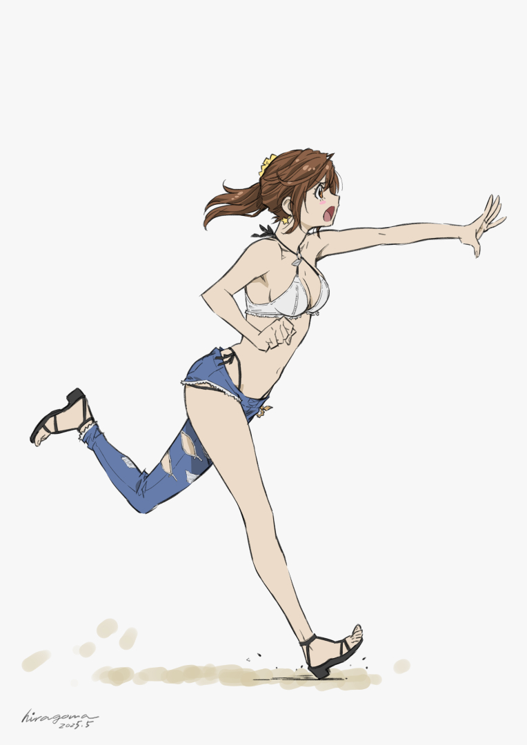 1girl bare_shoulders bikini bikini_top_only blush breasts brown_eyes brown_hair cleavage dead_or_alive dead_or_alive_xtreme dead_or_alive_xtreme_venus_vacation denim hair_ornament hair_scrunchie halterneck hiragoma jeans medium_breasts misaki_(doa) navel open_mouth pants reaching running sandals scrunchie side-tie_bikini_bottom side_ponytail swimsuit swimsuit_under_clothes torn_clothes torn_jeans torn_pants zipper