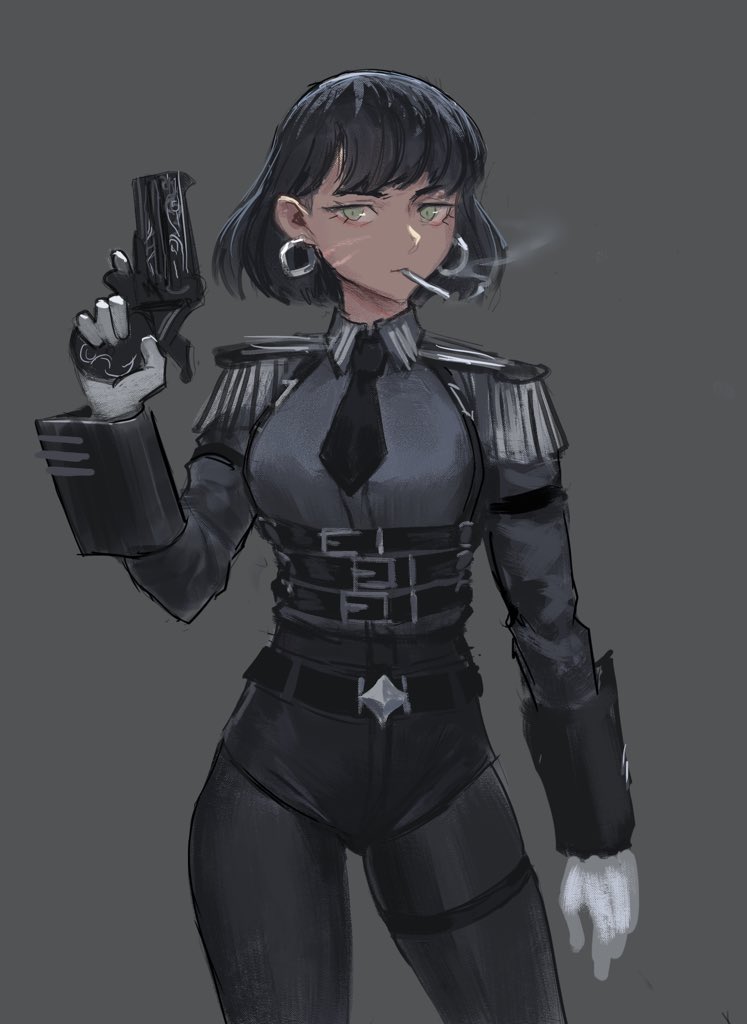 1girl arm_at_side arm_strap arm_up armband belt belt_around_waist belt_buckle black_armband black_belt black_hair black_necktie black_pantyhose black_shirt black_shorts black_sleeve_cuffs breasts buckle chest_harness cigarette collared_shirt commentary contrapposto cowboy_shot dress_shirt earrings english_commentary epaulettes eyebrows_hidden_by_hair facial_scar filigree framed_breasts furrowed_brow glaring gloves green_eyes grey_background gun half-closed_eyes handgun harness high-waist_shorts holding holding_gun holding_weapon hoop_earrings jewelry leather_belt leather_shorts long_eyelashes long_sleeves looking_at_viewer medium_breasts military_rank_insignia military_uniform narrowed_eyes necktie original pantyhose scar scar_on_cheek scar_on_face serious shirt shirt_tucked_in short_hair short_necktie short_shorts shorts simple_background sketch skindentation smoke smoke_trail smoking soldier solo standing straight-on swept_bangs thick_eyelashes thigh_strap thighs too_many too_many_belts underbust vertigris weapon white_gloves wing_collar