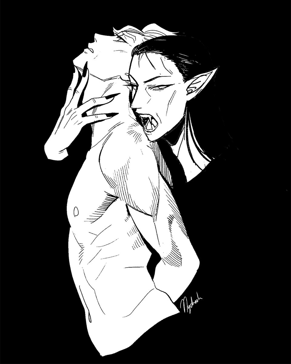 2boys arms_behind_back astarion baldur&#039;s_gate baldur&#039;s_gate_3 blending cazador_szarr commentary dungeons_&amp;_dragons fangs forehead greyscale highres male_focus monochrome multiple_boys nude nyachooh pointy_ears signature vampire yaoi
