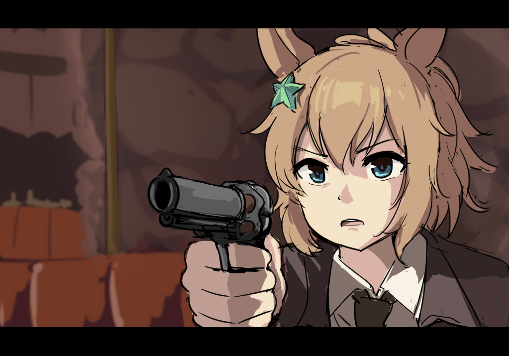 1girl black_jacket black_necktie blue_eyes blurry blurry_background brown_hair collared_shirt commentary frown gun hair_ornament handgun holding holding_gun holding_weapon jacket letterboxed necktie open_mouth parody ponytail pulp_fiction revolver scene_reference shirt short_hair solo star_(symbol) star_hair_ornament taiki_shuttle_(umamusume) tenten_(chan4545) umamusume upper_body v-shaped_eyebrows weapon white_shirt