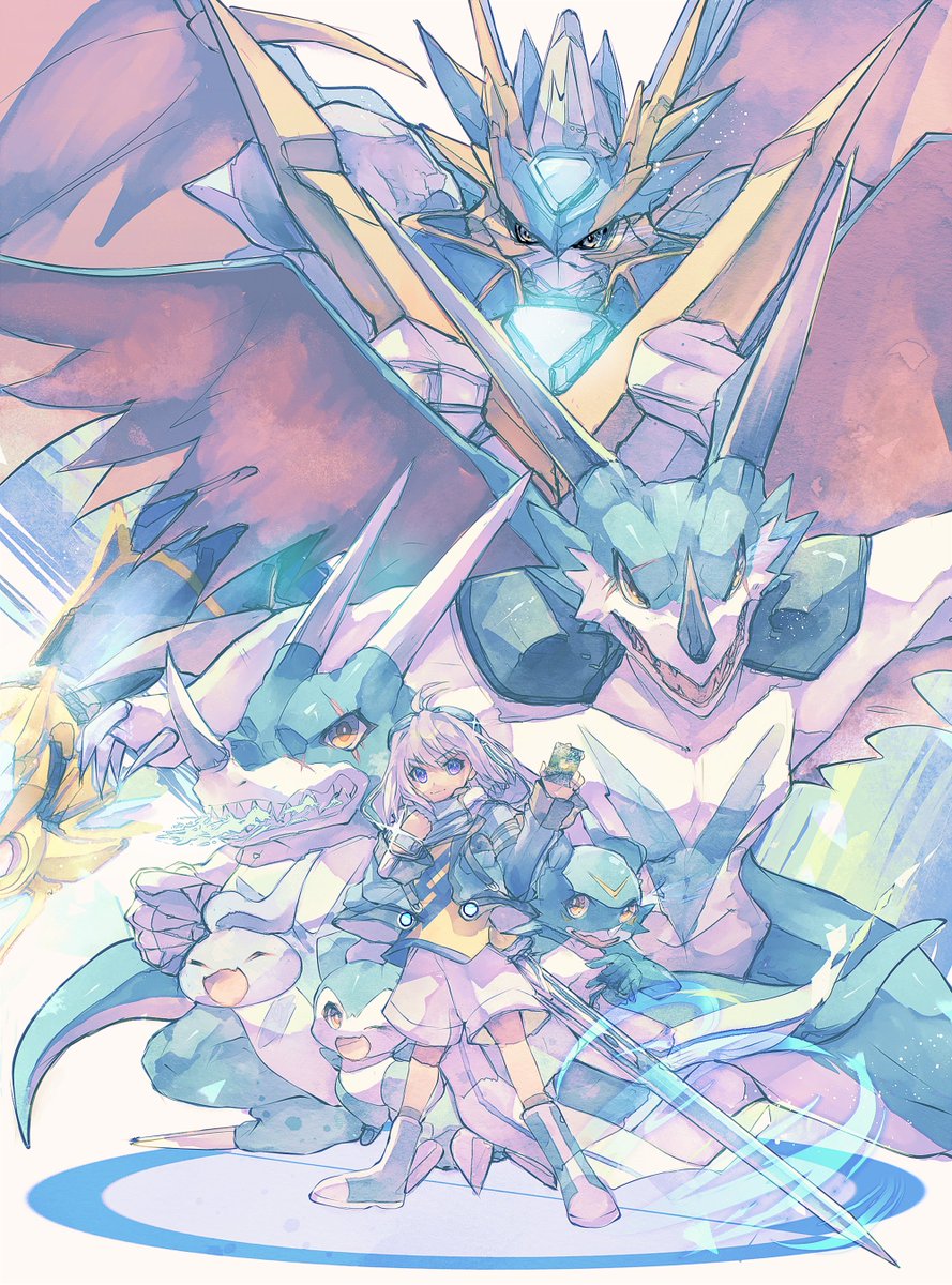 aerov-dramon armor chibimon chicomon digimon digimon_(creature) dragon highres horns looking_at_viewer smile tail ulforcev-dramon ulforcev-dramon_x-antibody v-dramon wings
