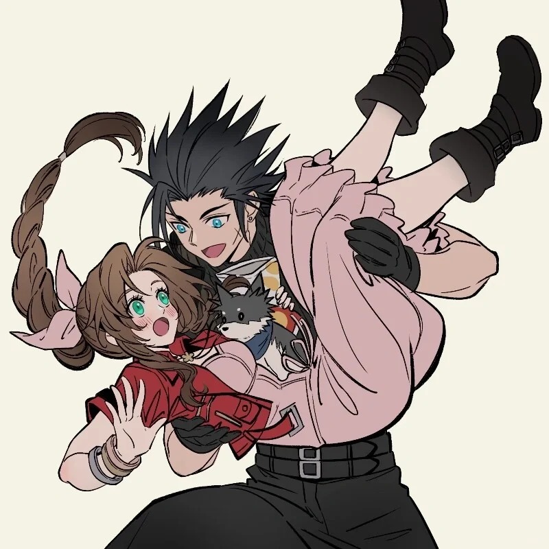 1boy 1girl aerith_gainsborough bangle belt belt_buckle black_gloves black_hair blue_eyes blush boots bracelet brown_hair buckle carrying couple crisis_core_final_fantasy_vii dog dress drill_hair drill_sidelocks earrings facial_scar final_fantasy final_fantasy_vii final_fantasy_vii_rebirth final_fantasy_vii_remake gloves green_eyes hair_ribbon huosheanng jacket jewelry looking_at_another multiple_belts open_clothes open_jacket open_mouth parted_bangs pink_dress pink_ribbon princess_carry red_jacket ribbon scar scar_on_cheek scar_on_face sidelocks simple_background sleeveless sleeveless_turtleneck spiked_hair stud_earrings sweater turtleneck turtleneck_sweater zack_fair