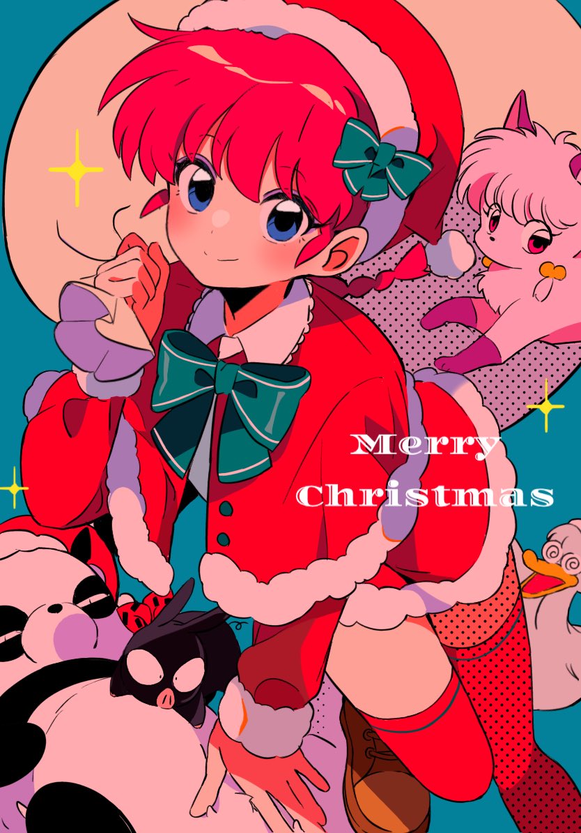 bird blue_eyes cat duck glasses green_background green_ribbon hat looking_at_viewer mousse_(ranma_1/2) p-chan panda pig ranma-chan ranma_1/2 red_eyes red_hair ribbon sanamaru_(sana79261827) santa_costume santa_hat saotome_genma_(panda) shampoo_(cat) simple_background smile