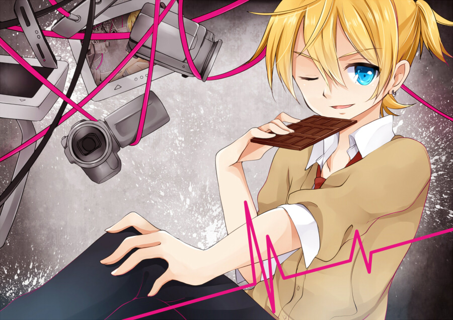 1boy blonde_hair camera chocolate earrings food hair_between_eyes hazuki_natsu jewelry kagamine_len kusare_gedou_to_chokorewito_(vocaloid) looking_at_viewer necktie open_mouth smile solo tagme vocaloid