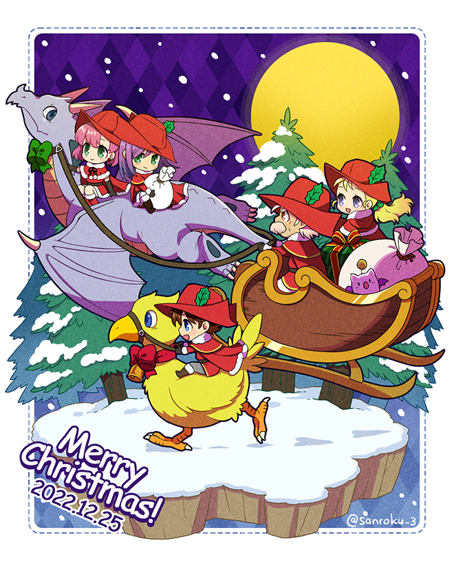 2boys 3girls bag bartz_klauser bell bird blonde_hair blue_eyes boots bow bowtie brown_eyes brown_footwear brown_hair chibi chocobo cloak dated dragon facial_hair faris_scherwiz final_fantasy final_fantasy_v full_moon fur-trimmed_cloak fur-trimmed_gloves fur_trim galuf_halm_baldesion gloves green_bow green_bowtie green_eyes grey_hair grey_pants hat leaf_hat_ornament holding holding_reins krile_mayer_baldesion_(ff5) lenna_charlotte_tycoon long_hair mature_male medium_hair merry_christmas mistletoe moogle moon multiple_boys multiple_girls mustache neck_bell open_mouth outdoors pants pine_tree pink_hair ponytail purple_eyes purple_hair red_bow red_bowtie red_cloak red_headwear red_mage_(final_fantasy) reins riding riding_bird sanroku_3 short_hair sleigh smile snow talons tree twitter_username