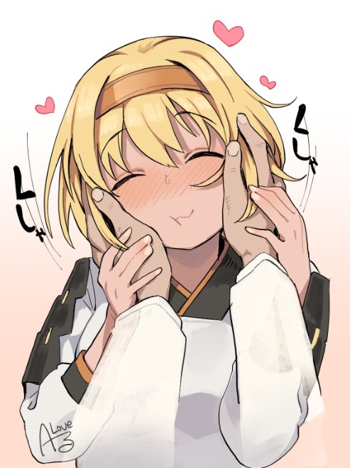 1girl apron armor blonde_hair brown_headband chatan_nakiri_(tenka_hyakken) cheek_press closed_eyes closed_mouth commentary_request dark-skinned_female dark_skin embarrassed frilled_apron frills hand_on_another&#039;s_cheek hand_on_another&#039;s_face hand_on_another&#039;s_hand headband heart japanese_armor kappougi motion_lines pov rkrk short_hair shoulder_armor signature sode tenka_hyakken upper_body