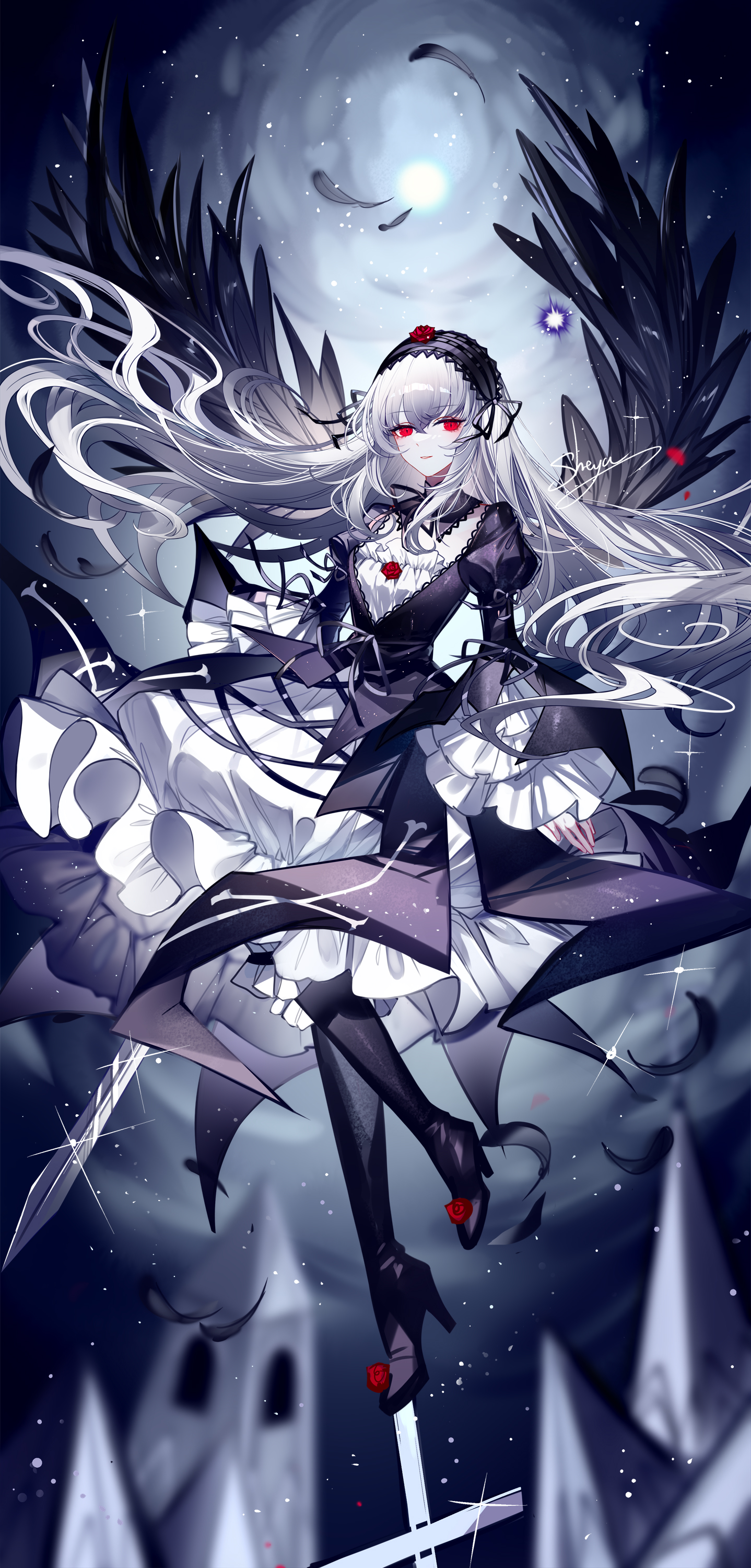1girl absurdres artist_name black_boots black_dress black_hairband boots dress frilled_sleeves frills grey_hair hairband high_heel_boots high_heels highres juliet_sleeves long_hair long_sleeves looking_at_viewer parted_lips puffy_sleeves red_eyes rozen_maiden sheya signature smile solo suigintou very_long_hair wide_sleeves