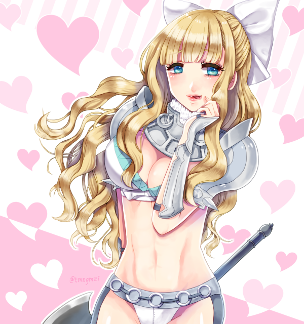 1girl armor axe ayaca battle_axe bikini_armor blonde_hair blue_eyes blunt_bangs bow breasts charlotte_(fire_emblem) cleavage fire_emblem fire_emblem_fates hair_bow holding holding_axe large_breasts long_hair looking_at_viewer nintendo pink_background shoulder_armor solo two-tone_background wavy_hair weapon white_background white_bow