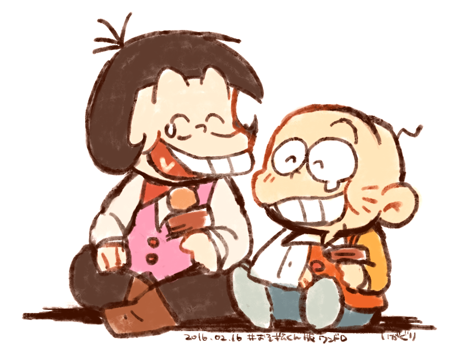 2boys :t arm_sling bald boots bow bowtie buck_teeth chibita eating facial_mark food grin happy_tears heart heart_in_mouth holding holding_food iyami kuri_(shibimame) male_focus multiple_boys oden official_alternate_costume osomatsu-kun osomatsu_(series) red_bow red_bowtie sitting smile tears teeth vest waistcoat whisker_markings