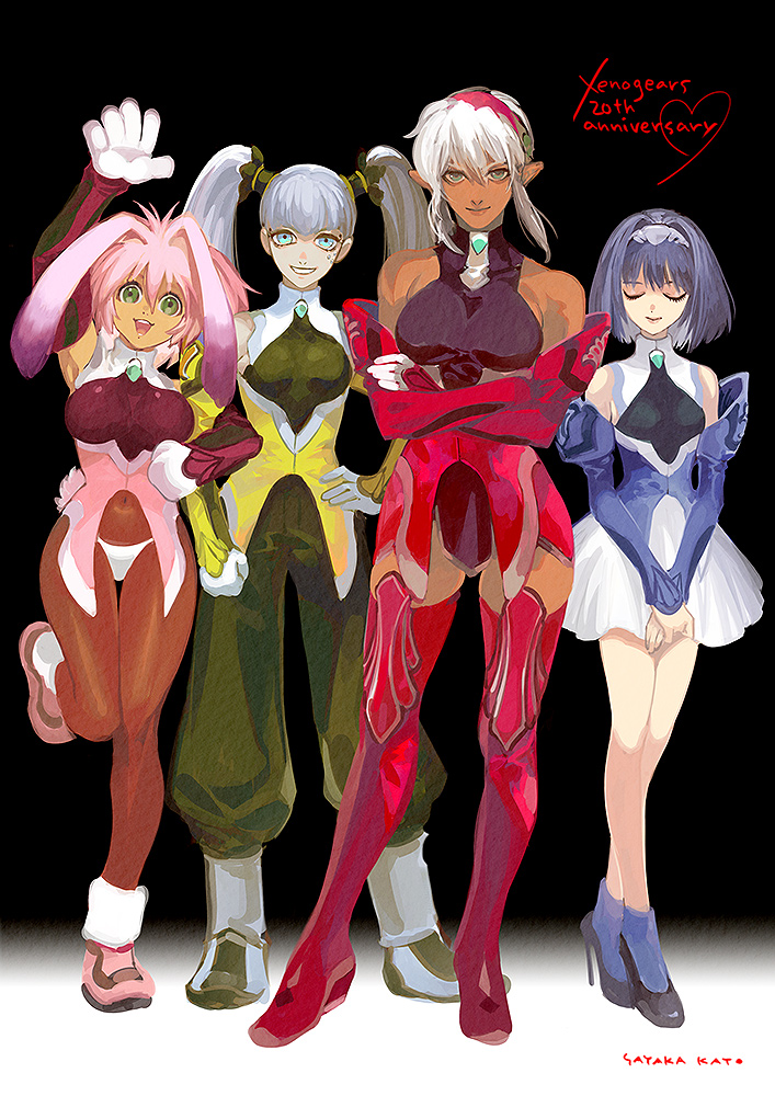 4girls anniversary arm_up bare_shoulders blue_eyes blue_hair breasts closed_eyes copyright_name covered_navel crossed_arms dark-skinned_female dark_skin dominia_yizkor green_eyes grey_hair hashtag-only_commentary high_heels kato_sayaka kelvena_(xenogears) large_breasts looking_at_viewer medium_breasts multiple_girls open_mouth pointy_ears rabbit_tail seraphita_(xenogears) smile standing standing_on_one_leg tail tolone_(xenogears) twintails white_hair xenogears