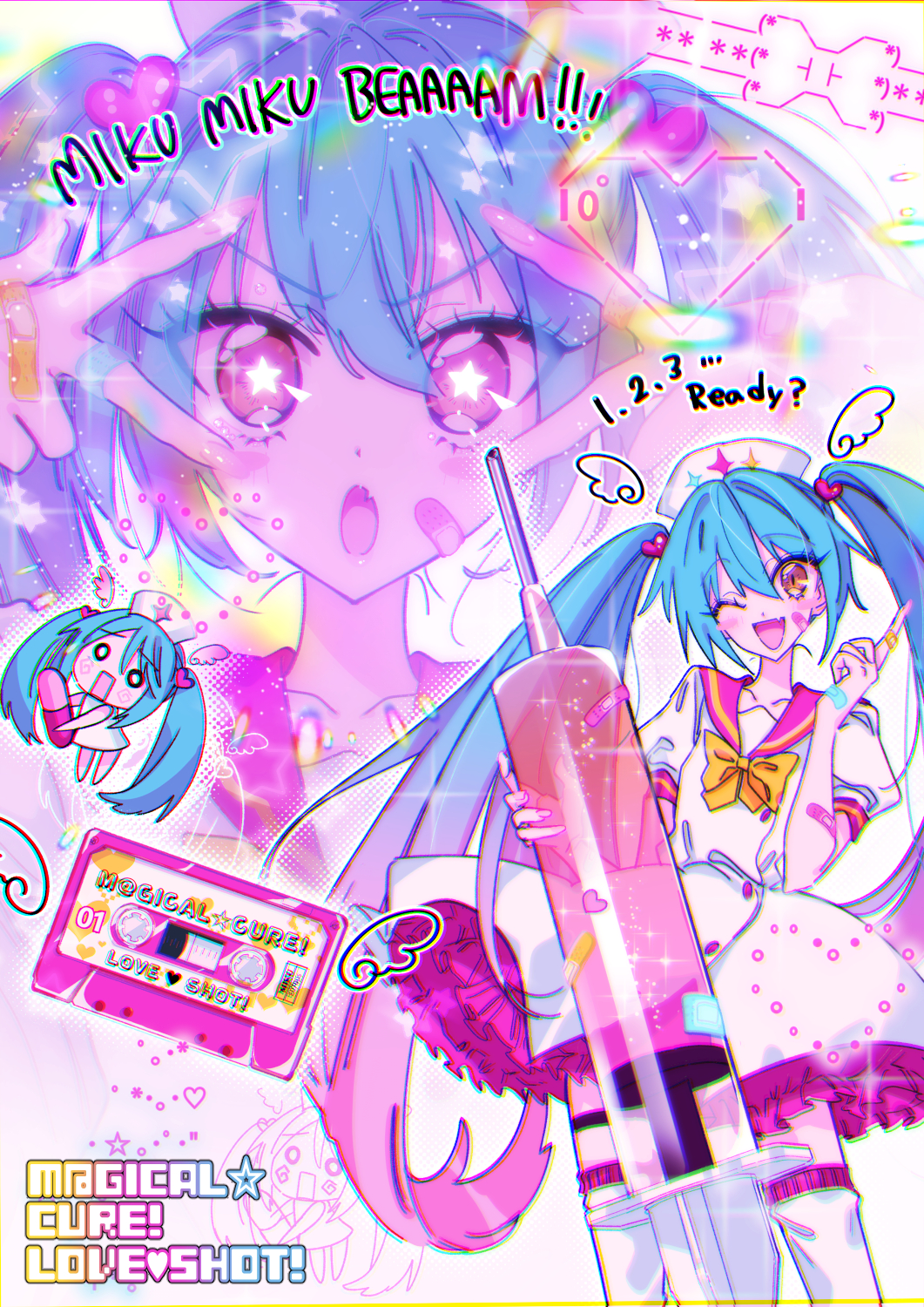 +_+ 2girls bandaid bandaid_on_arm bandaid_on_face bandaid_on_hand blue_hair cassette_tape chromatic_aberration commentary commentary_request copyright_name dress english_commentary english_text fang hachune_miku hat hatsune_miku heart highres himitsu_(iemaki) holding holding_syringe large_syringe m@gical_cure!_love_shot!_(vocaloid) meme miku_miku_beaaaam!!_(meme) mixed-language_commentary multicolored_hair multiple_girls multiple_views nurse_cap one_eye_closed open_mouth orange_eyes oversized_object pill pink_hair pink_nails puffy_short_sleeves puffy_sleeves sailor_dress short_sleeves skin_fang solo_focus song_name star-shaped_pupils star_(symbol) symbol-shaped_pupils syringe thighhighs twintails v v_over_eye vocaloid white_thighhighs zettai_ryouiki