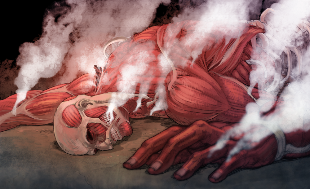 2boys colossal_titan death defeat empty_eyes eren_yeager exposed_muscle giant giant_male lying male_focus multiple_boys on_stomach prema-ja shingeki_no_kyojin spoilers steam titan_(shingeki_no_kyojin) upper_body