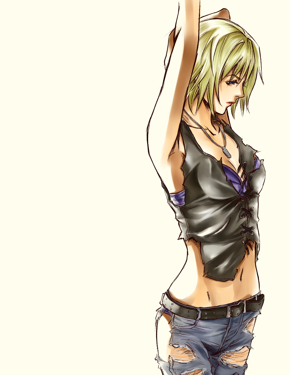 1girl aya_brea ayamine_keu belt blonde_hair blue_eyes bra breasts closed_mouth collarbone denim highres jeans jewelry lips navel necklace pants parasite_eve_(series) short_hair simple_background solo torn_clothes torn_jeans torn_pants underwear white_background