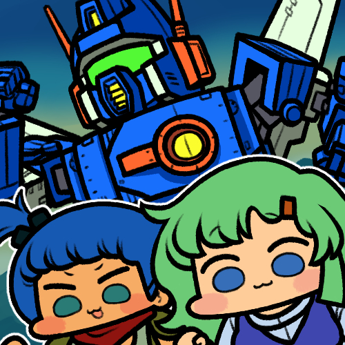 2girls :3 blue_hair blush chibi clenched_hands elchi_cargo green_hair jazz_jack lowres mecha multiple_girls open_mouth rag_uralo red_scarf robot scarf science_fiction sentou_mecha_xabungle short_sidetail smile visor xabungle_(mecha)