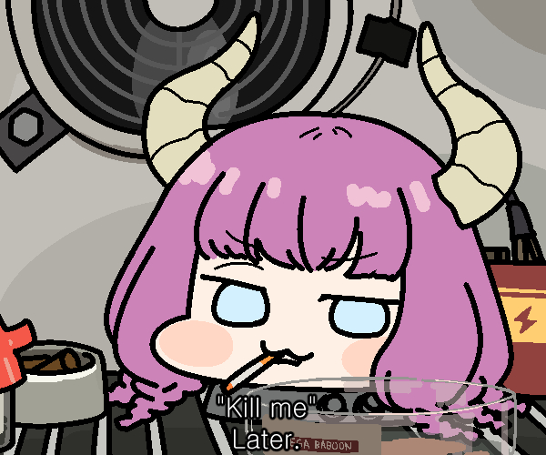 1girl aura_(sousou_no_frieren) battery braid cigarette demon_horns horns jazz_jack long_hair looking_at_viewer low-braided_long_hair low-tied_long_hair meet_the_team purple_hair refrigerator refrigerator_interior severed_head sousou_no_frieren team_fortress_2