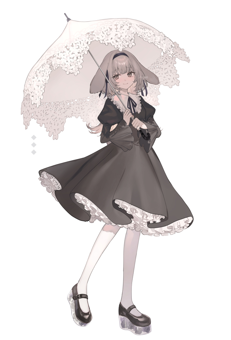 1girl animal_ears black_dress black_hairband black_ribbon black_shoes collar commentary dress frilled_collar frilled_dress frills grey_eyes grey_hair hairband high_heels holding holding_umbrella lace-trimmed_umbrella long_hair long_sleeves looking_to_the_side mary_janes neck_ribbon original pantyhose platform_shoes rabbit_ears rabbit_girl ribbon shoes shugao simple_background smile solo symbol-only_commentary umbrella wedge_heels white_background white_pantyhose white_umbrella wide_sleeves