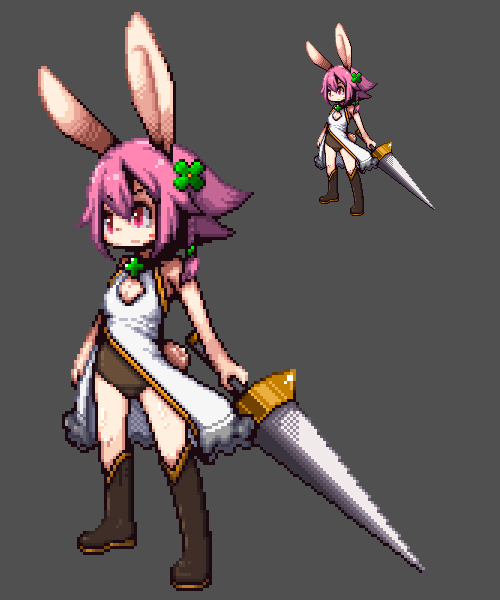 1girl boots female_focus furry furry_female omunikin original pink_hair pixel rabbit red_eyes short_hair solo sword weapon