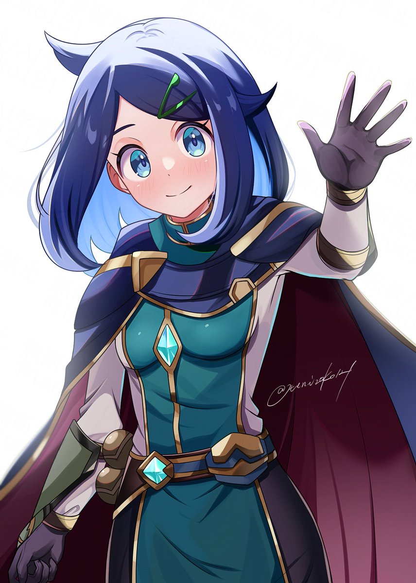 ancient_poke_ball belt black_cloak black_hair blue_eyes blue_hair brown_gloves cloak closed_mouth colored_inner_hair cosplay cowlick gloves green_hair_ornament hair_ornament hairclip highres hood hooded_cloak liko_(pokemon) looking_at_viewer lucius_(pokemon) multicolored_belt multicolored_hair nintendo pokemon pokemon_(anime) pokemon_horizons simple_background smile solo syainu_moco white_background