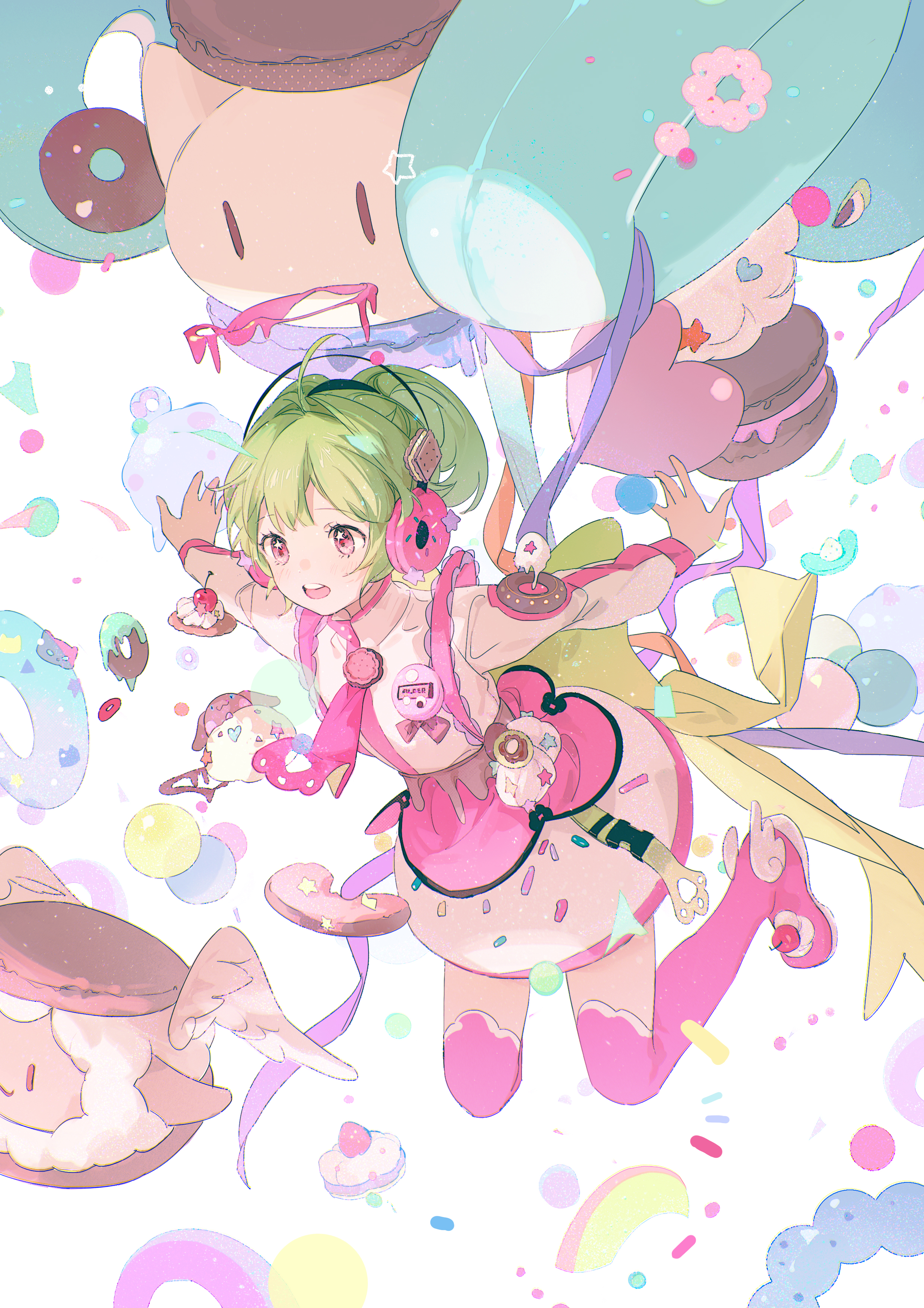 1girl absurdres ahoge balabling collared_shirt donut_print feet_up floating food food_print green_hair headphones highres long_bangs long_sleeves looking_ahead macaron miniskirt name_tag necktie open_mouth original outstretched_arms oversized_food oversized_object pink_necktie pink_skirt pink_thighhighs ponytail raised_eyebrows red_eyes shirt short_hair short_ponytail sidelocks skirt solo tamagotchi teeth thighhighs upper_teeth_only white_shirt