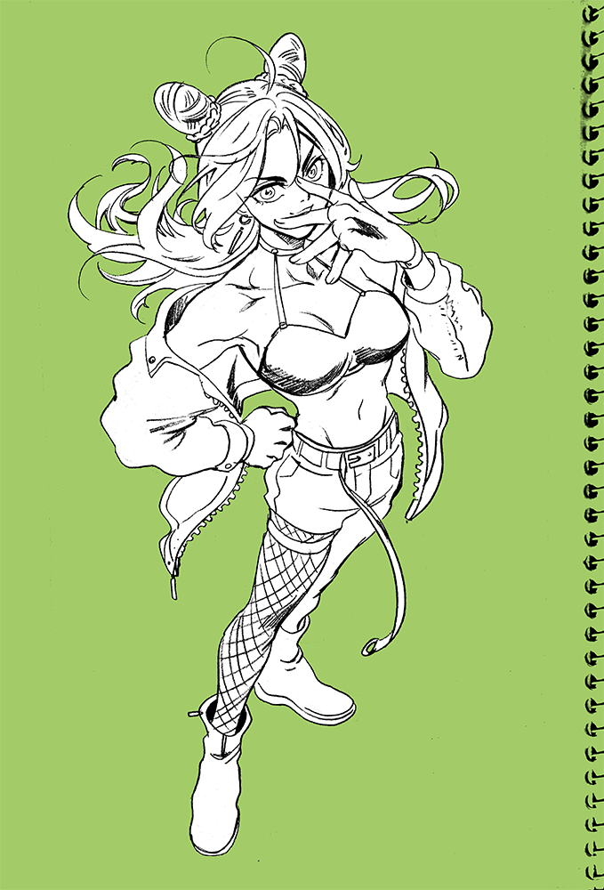 1girl bae_(baebae) belt boots breasts buckle choker double_bun fingerless_gloves fishnets gloves green_background hair_bun jojo_no_kimyou_na_bouken kuujou_jolyne