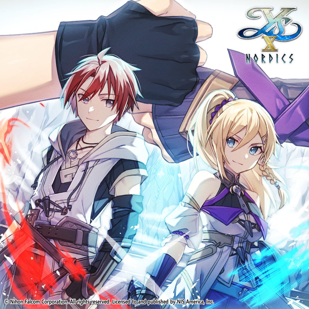 1boy 1girl adol_christin aura black_gloves blonde_hair blue_eyes breasts closed_mouth fingerless_gloves fire fist_bump gloves grey_eyes hair_between_eyes high_ponytail hood hoodie karja_balta logo looking_at_another medium_breasts official_art ponytail red_hair short_hair shye smile standing white_hoodie ys ys_x:_nordics