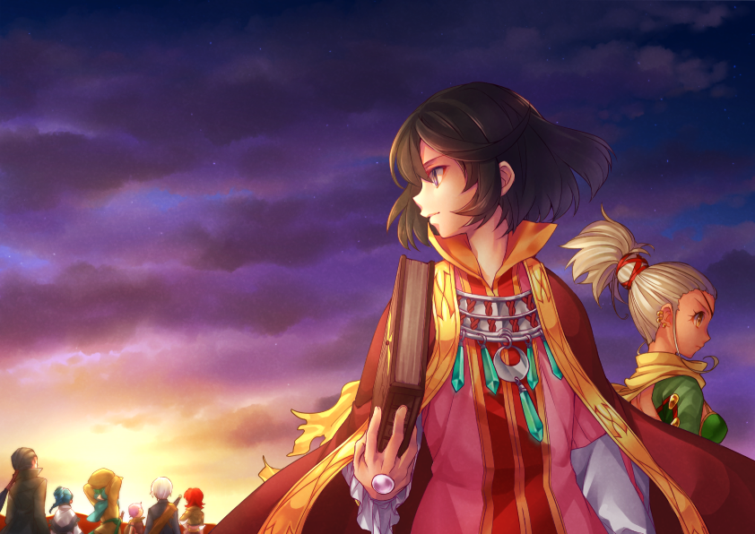 ange_serena belt black_hair blue_hair breasts brown_eyes capelet cloak coat dress earrings eyepatch frills green_hair grey_hair hat hermana_larmo iria_animi jacket jewelry kongwai_tao long_hair midriff pink_hair ponytail purple_eyes qq_selesneva red_hair ricardo_soldato ruca_milda scarf short_hair sky spada_belforma sword tales_of_(series) tales_of_innocence weapon