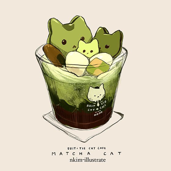 animal-themed_food artist_name cat checkerboard_cookie commentary cookie cup disposable_cup english_commentary english_text food food_focus grey_background ice_cream matcha_(food) nadia_kim napkin no_humans original simple_background