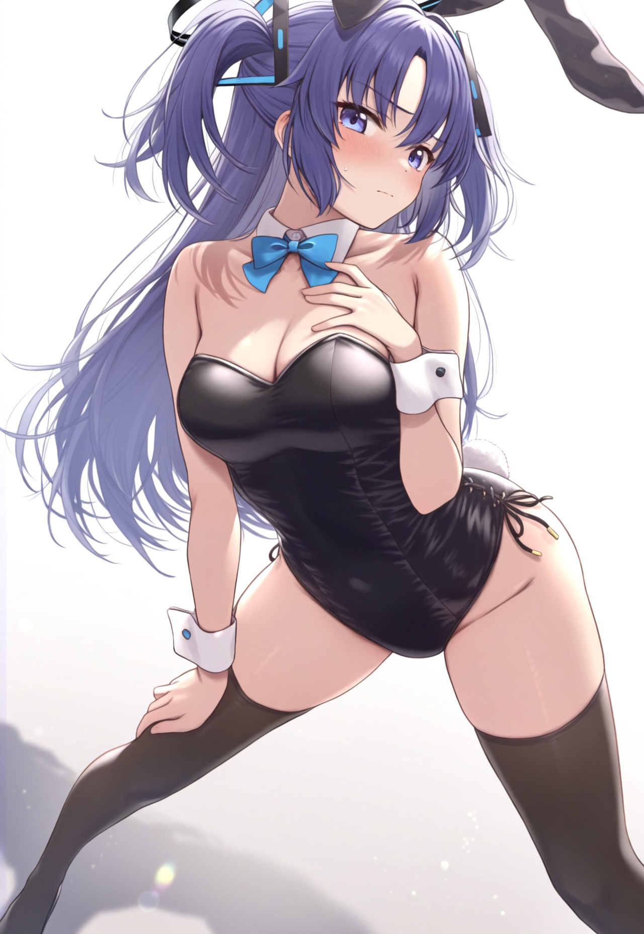 1girl alternate_costume animal_ears black_leotard black_thighhighs blue_archive blue_bow blue_bowtie blush bow bowtie breasts cleavage closed_mouth collarbone covered_navel detached_collar dot_nose fake_animal_ears fake_tail highres leotard long_hair looking_at_viewer medium_breasts playboy_bunny purple_eyes purple_hair rabbit_ears rabbit_tail side-tie_leotard sidelocks simple_background solo standing strapless strapless_leotard tail thighhighs two_side_up white_background white_wrist_cuffs wrist_cuffs yukino110802 yuuka_(blue_archive)