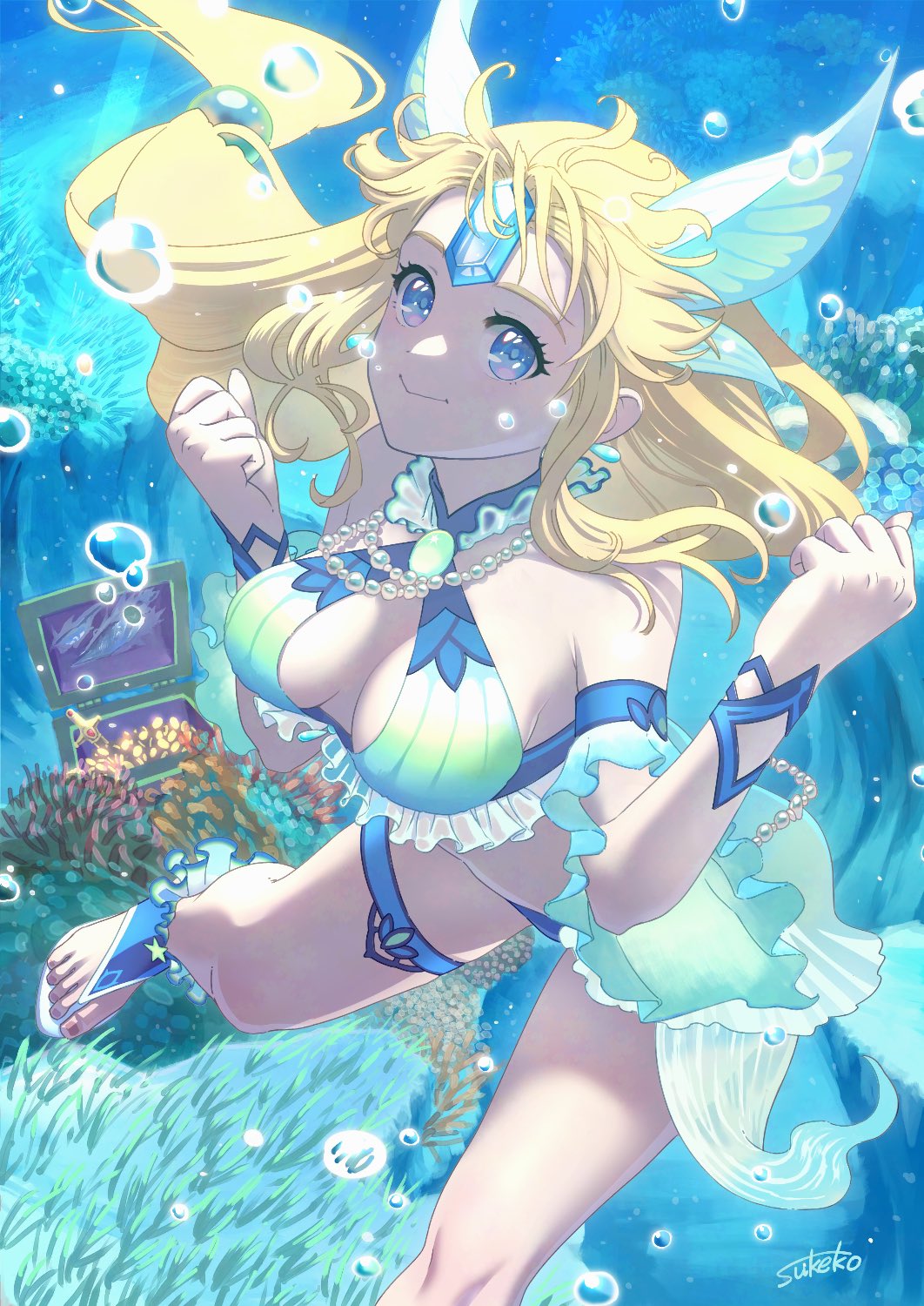 1girl air_bubble artist_name bare_shoulders blonde_hair blue_eyes blue_gemstone breasts bubble cleavage closed_mouth coral_reef detached_sleeves foot_out_of_frame forehead_jewel gem head_wings highres holding_breath jewelry long_hair looking_at_viewer low-tied_long_hair medium_breasts midriff necklace pearl_necklace riesz sandals seiken_densetsu seiken_densetsu_3 smile solo taruneko2006 thigh_strap treasure_chest underwater w_arms wings