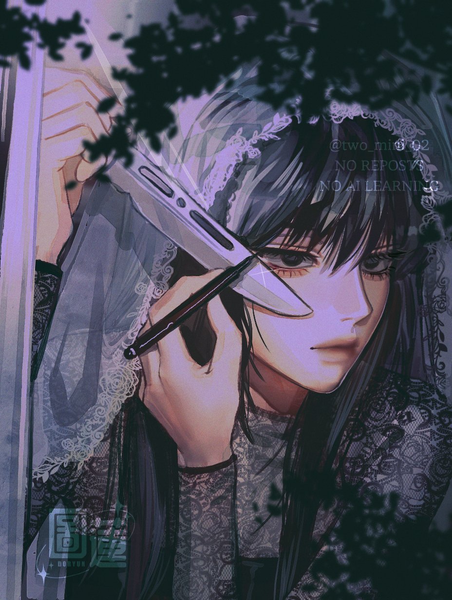 1girl applying_makeup applying_mascara black_dress black_eyes black_hair branch doryun dress fishnet_sleeves fishnets hair_between_eyes highres holding holding_knife holding_pen knife lipgloss long_hair looking_to_the_side makeup mascara osaragi_(sakamoto_days) pen reflection sakamoto_days shadow solo veil window
