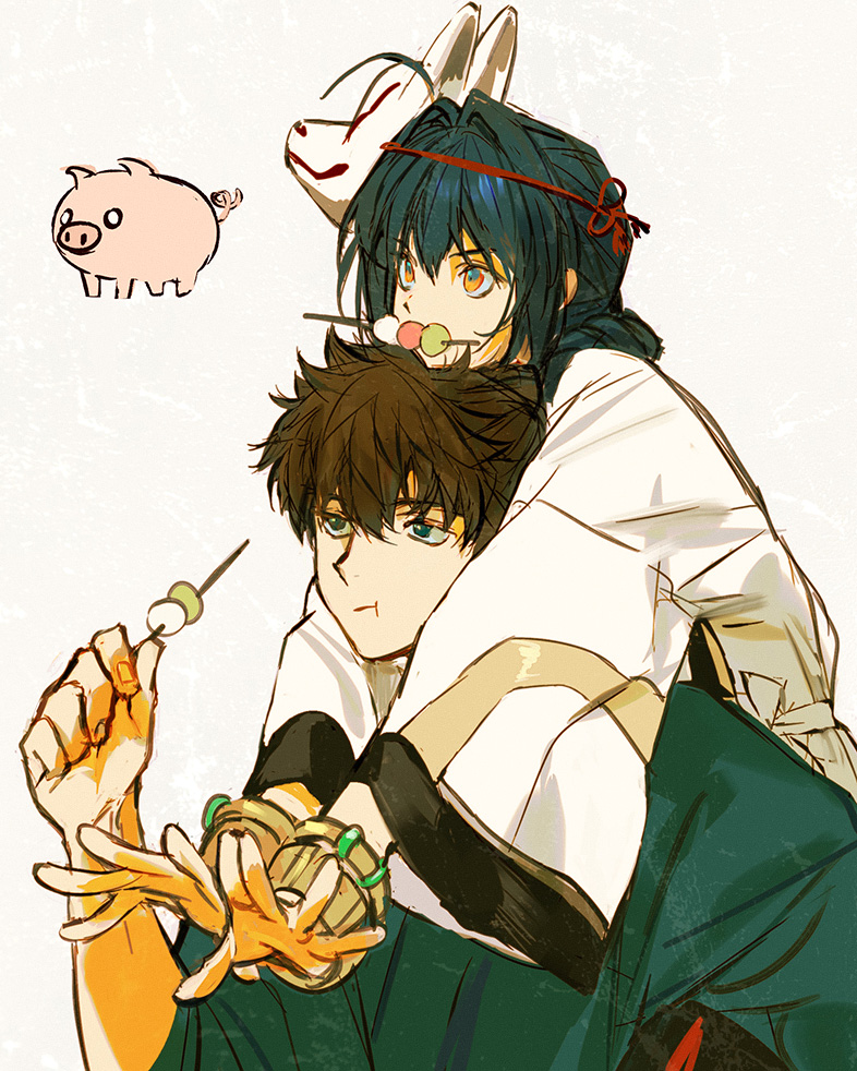 1boy 1other ahoge androgynous black_hair blue_eyes blue_kimono bracelet braid brown_hair carrying dango eating fate/samurai_remnant fate_(series) food fox_mask hair_intakes holding holding_food holding_skewer huangdanlan japanese_clothes jewelry kimono long_hair mask miyamoto_iori_(fate) orange_eyes pig piggyback saber_(fate/samurai_remnant) sanshoku_dango simple_background skewer wagashi white_background
