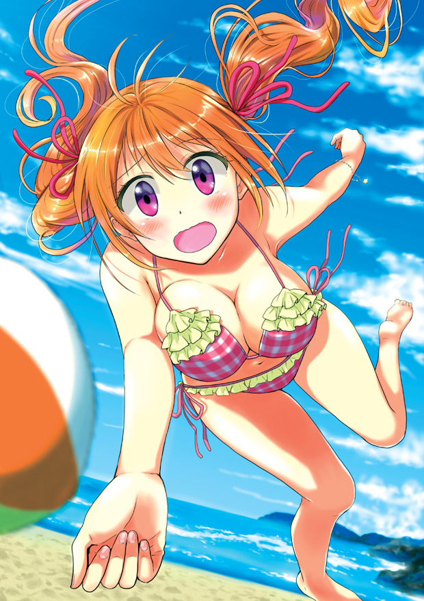 1girl ayacuru bad_id bad_pixiv_id ball bare_shoulders barefoot beach beachball bikini blurry blush bracelet breasts cleavage cloud day depth_of_field dive dutch_angle female_focus foreshortening frilled_bikini frills hair_ribbon horizon jewelry large_breasts leg_up long_hair looking_at_viewer ocean open_mouth orange_hair original outdoors pink_eyes plaid_bikini plaid_clothes ribbon side-tie_bikini_bottom sky solo swimsuit twintails