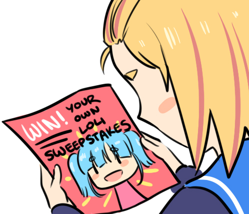 2girls :d ascot bangs_pinned_back blonde_hair blush_stickers bow english_text flip_flappers flyer from_behind hair_bow long_hair lowres multicolored_hair multiple_girls nyunyu nyunyu_(flip_flappers) open_mouth school_uniform short_eyebrows short_hair smile streaked_hair yayaka yayaka_(flip_flappers)