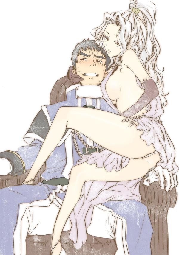 1boy 1girl blush breasts chair dress elbow_gloves gensou_suikoden gensou_suikoden_ii gloves high_ponytail jeane_(suikoden) legs long_hair miklotov_(suikoden) ponytail revealing_clothes simple_background sitting smile sweat white_background