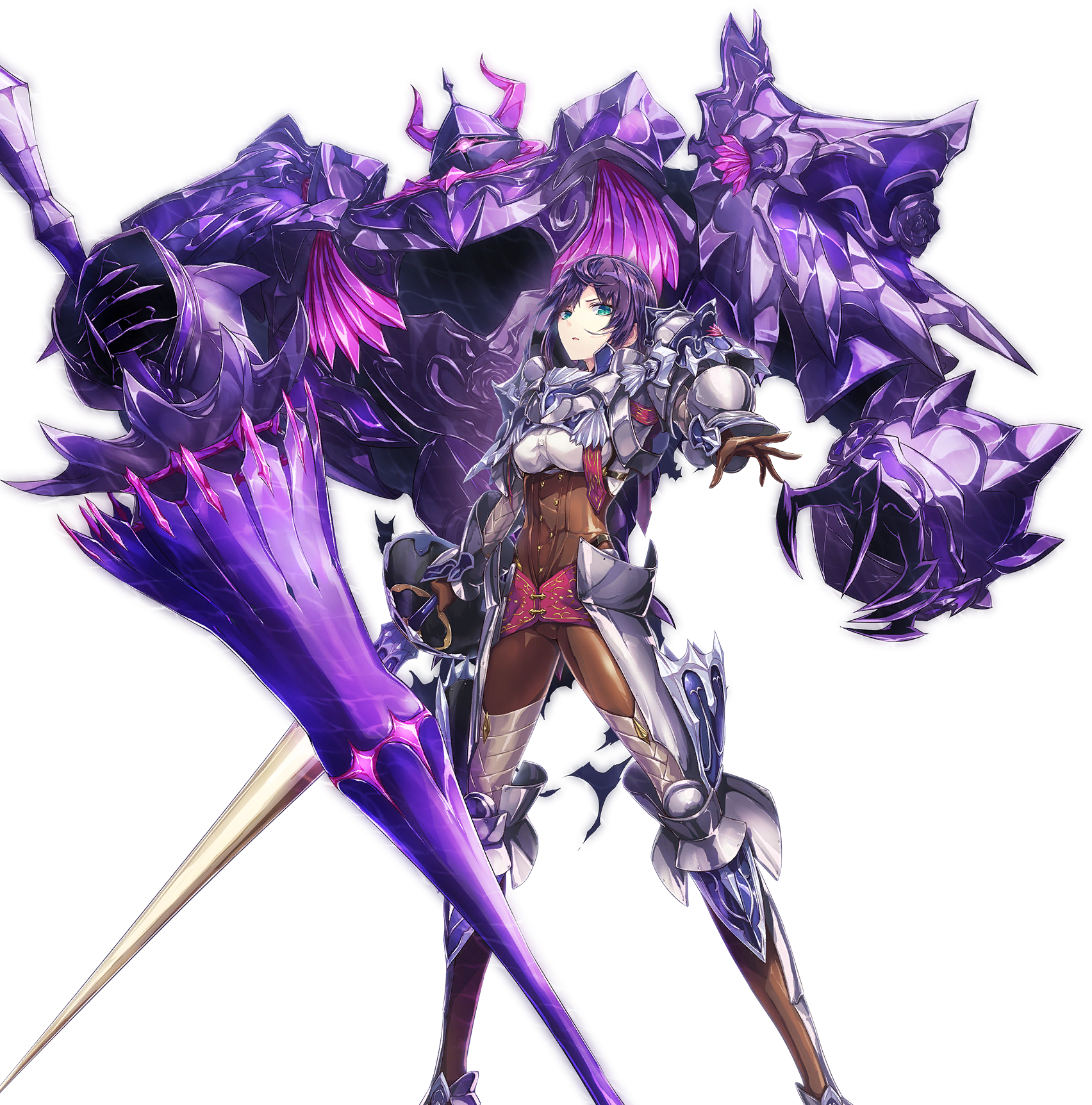 1girl armor artist_request bad_source blue_eyes breasts buttons claws flower full_body game_cg gloves highres holding holding_polearm holding_weapon laila_(unitia) official_art polearm purple_hair rose short_hair solo spear third-party_source transparent_background unitia weapon