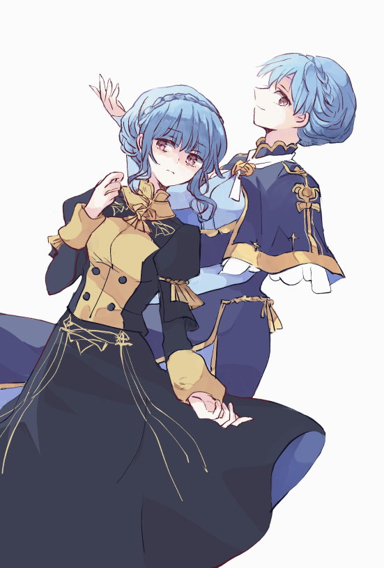 1girl blue_hair braid brown_eyes closed_mouth crown_braid dress fire_emblem fire_emblem:_three_houses from_side garreg_mach_monastery_uniform kitano_373 long_sleeves marianne_von_edmund multiple_views nintendo simple_background white_background