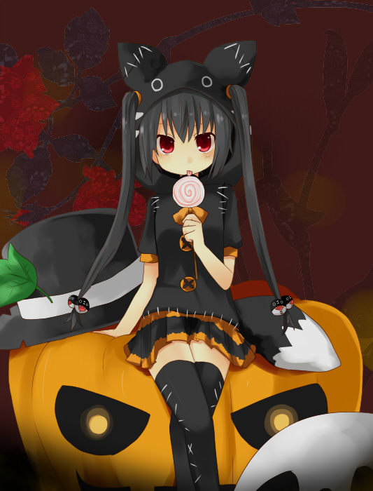 1girl black_hair candy female_focus flat_chest food halloween hat jack-o&#039;-lantern kooh licking lollipop pangya pumpkin red_eyes solo swirl_lollipop thighhighs tongue top_hat twintails yuzuki_(yuduame) zettai_ryouiki