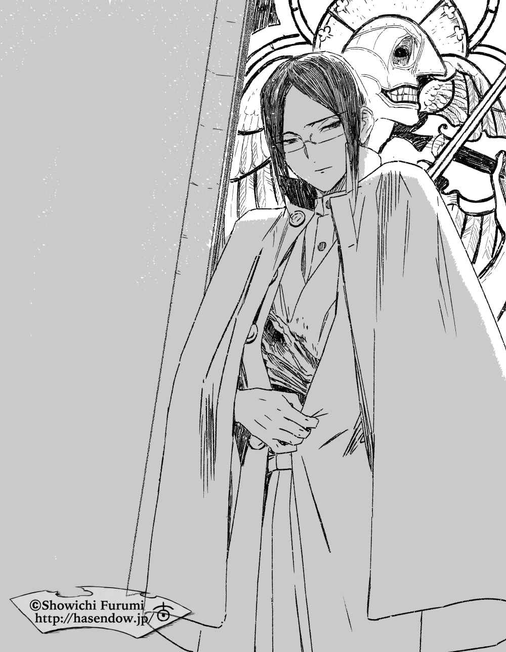 1boy coat fate/grand_order fate_(series) furumi_showichi glasses greyscale half-closed_eyes highres looking_down male_focus monochrome official_alternate_costume open_clothes open_coat parted_bangs phantom_of_the_opera_(fate) solo tagme watermark web_address