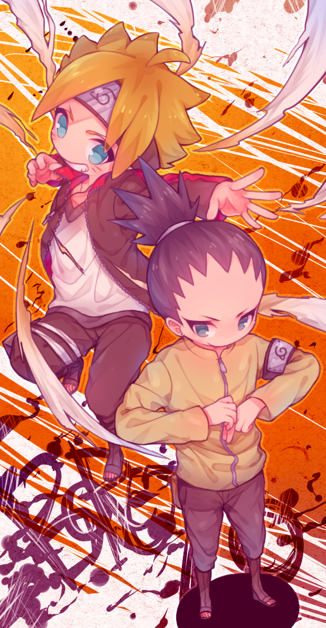 2boys black_hair black_jacket blonde_hair blue_eyes boruto:_naruto_next_generations forehead foreshortening grey_eyes grin highres jacket long_sleeves male_focus multiple_boys nara_shikadai naruto_(series) no_nose pants ponytail smile standing uzumaki_boruto zudzuki