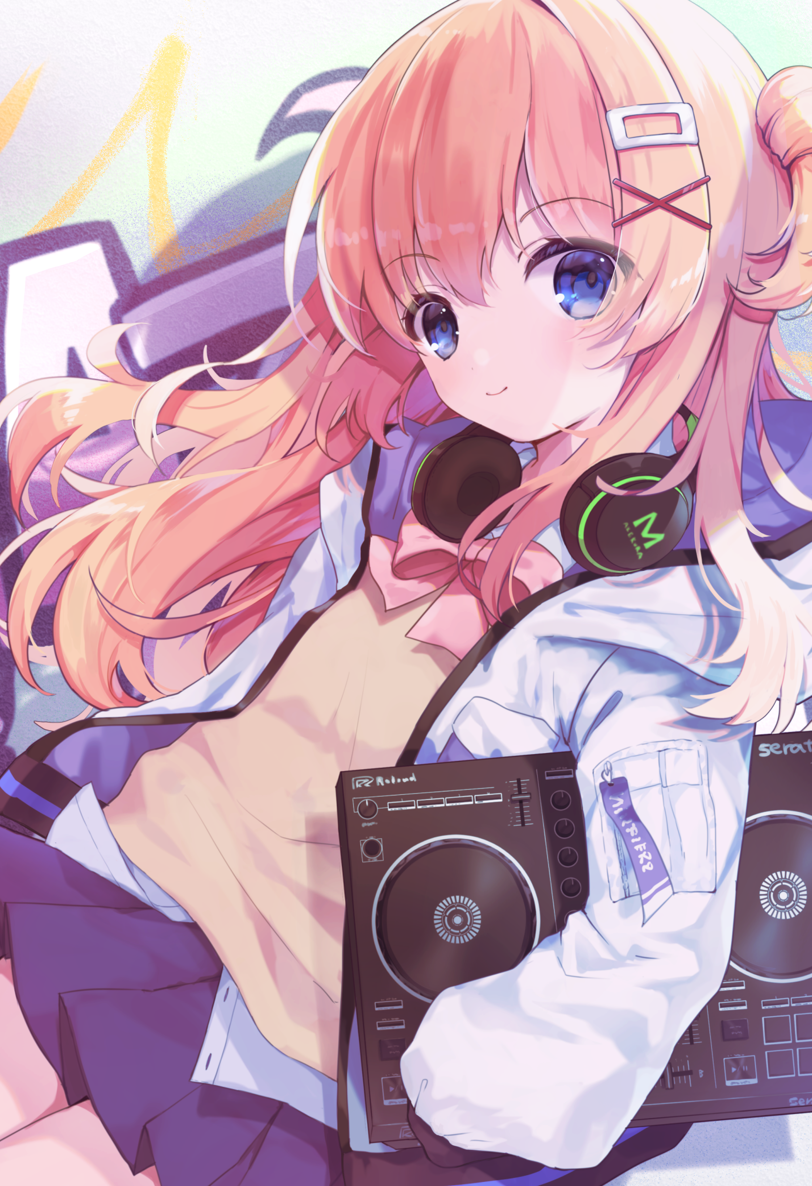 1girl absurdres blonde_hair blue_eyes blush bow bowtie closed_mouth commentary_request dj hair_between_eyes headphones headphones_around_neck highres holding jacket moeko_(moeko0903) open_clothes open_jacket original phonograph pink_bow pink_bowtie pleated_skirt purple_skirt skirt sleeves_past_wrists smile solo turntable white_jacket