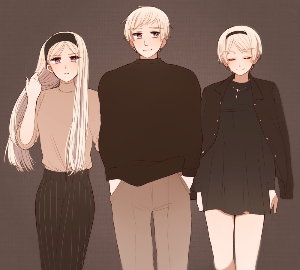 1boy 2girls axis_powers_hetalia belarus_(hetalia) black_dress black_hairband black_jacket black_nails black_pants black_sweater brother_and_sister brown_background brown_pants brown_sweater buttons closed_eyes closed_mouth collared_jacket commentary_request cowboy_shot dress hairband hand_up hands_in_pocket jacket jewelry long_hair long_sleeves looking_at_another looking_at_viewer multiple_girls necklace ninonuko open_clothes open_jacket pants puffy_long_sleeves puffy_sleeves purple_eyes russia_(hetalia) short_hair siblings simple_background sisters smile standing striped_clothes striped_pants sweater turtleneck turtleneck_sweater ukraine_(hetalia) white_hair