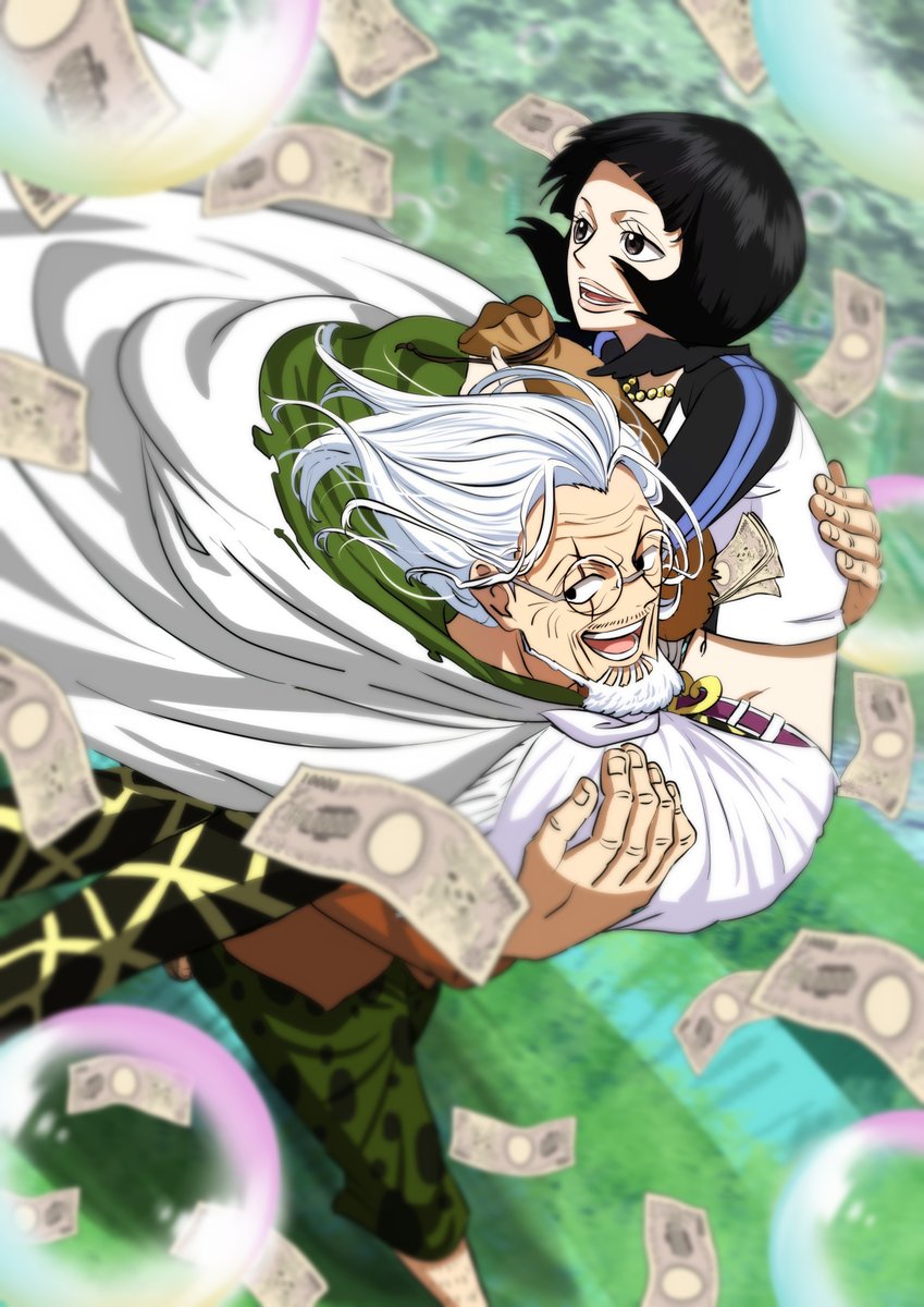 1boy 1girl banknote beard black_hair bubble carrying carrying_person cloak commentary_request crop_top facial_hair glasses highres hood hooded_cloak money musasabiop one_piece open_mouth scar scar_across_eye scar_on_face shakuyaku_(one_piece) silvers_rayleigh smile white_hair