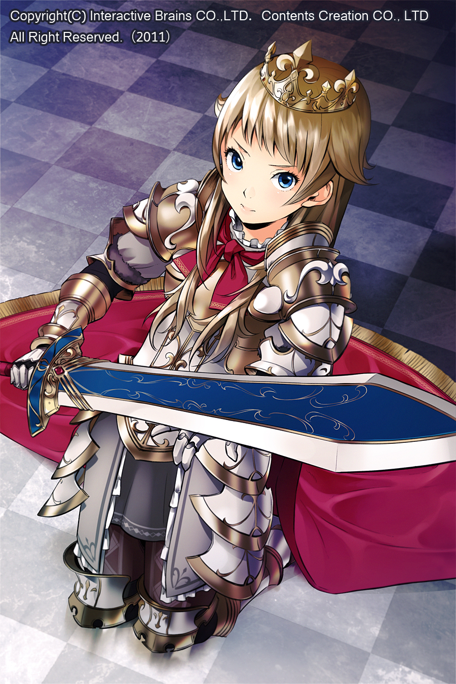 1girl armor bad_id bad_pixiv_id blue_eyes brown_hair cape checkered_floor eiyuu_legend_battle excalibur_(mythology) female_focus female_knight floor from_above gauntlets gender_request genderswap greaves highres king_arthur kneeling long_hair looking_up matsuda_suzuri pantyhose perspective skirt solo sword tiara weapon