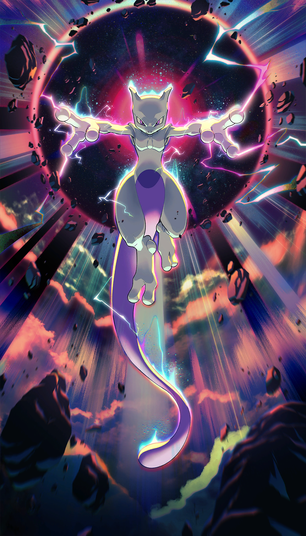 artist_request crackling_energy debris energy_ball floating full_body gen_1_pokemon highres legendary_pokemon mewtwo nintendo nostrils official_art pokemon pokemon_(creature) pokemon_focus pokemon_tcg pokemon_tcg_pocket purple_eyes solo third-party_source