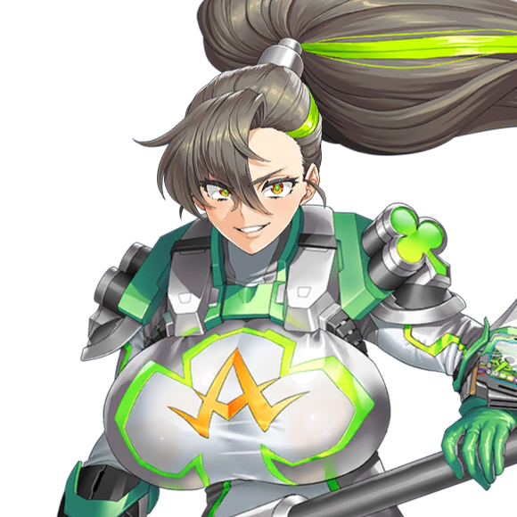 1girl arm_guards armor bodysuit breasts clover_ace clover_print female_focus game_cg gloves green_eyes green_gloves green_hair grey_bodysuit grey_hair grin hair_between_eyes hair_tubes high_ponytail holding huge_breasts last_origin long_hair looking_at_viewer multicolored_hair obui official_art parted_lips ponytail shoulder_armor smile streaked_hair teeth tight_clothes transparent_background two-tone_hair upper_body white_bodysuit