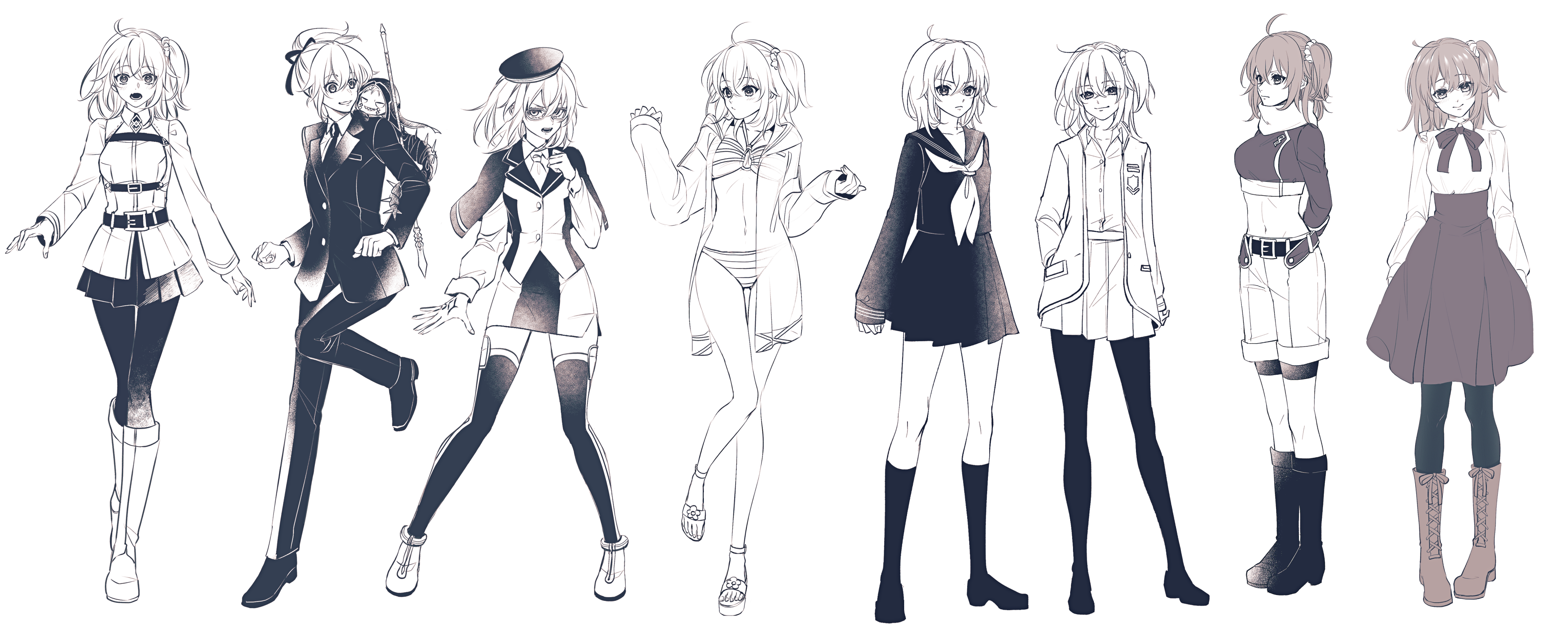 1boy 1girl absurdres ahoge artoria_pendragon_(fate) belt belt_buckle bikini boots bow bowtie buckle command_spell commentary_request cu_chulainn_(fate) cu_chulainn_(fate/stay_night) cu_chulainn_alter_(fate/grand_order) dress fate/grand_order fate_(series) formal_clothes frown fujimaru_ritsuka_(female) fujimaru_ritsuka_(female)_(anniversary_blonde) fujimaru_ritsuka_(female)_(brilliant_summer) fujimaru_ritsuka_(female)_(royal_brand) fujimaru_ritsuka_(female)_(true_ether_chaldea_uniform) full_body greyscale hair_between_eyes hat highres kneehighs long_sleeves looking_at_another looking_at_viewer midriff mini_cu-chan_(fate) monochrome multiple_views navel official_alternate_costume open_mouth pantyhose polearm ponytail redrabbit44 saber_(fate) sandals school_uniform shorts side_ponytail skirt smile socks spear standing suit swimsuit teeth thighhighs weapon zettai_ryouiki