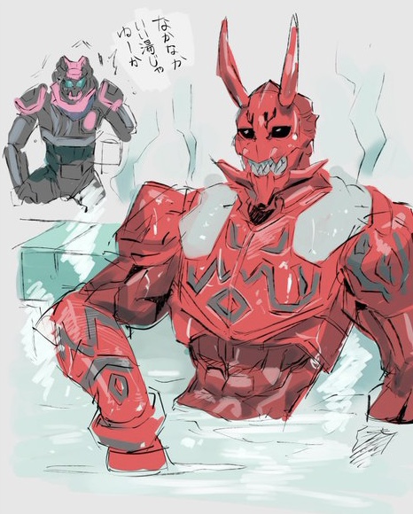 015ichitaka 2boys abs armor bath bathing black_armor demon demon_boy dinosaur japanese_text kamen_rider kamen_rider_den-o_(series) kamen_rider_revice male_focus momotaros monster monster_boy multiple_boys muscular muscular_male oni pink_armor red_armor towel towel_around_neck vice_(kamen_rider_revice)