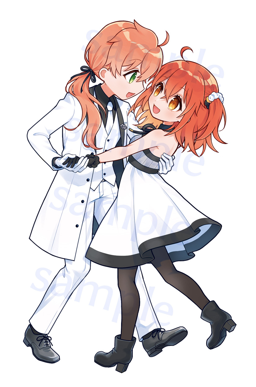 1boy 1girl :d ahoge alternate_costume ankle_boots black_boots black_gloves black_pantyhose black_ribbon black_shirt black_shoes boots chaldea_logo coat collared_shirt couple crossed_bangs dancing dress fate/grand_order fate_(series) frilled_gloves frills fujimaru_ritsuka_(female) fujimaru_ritsuka_(female)_(waltz_in_the_moonlight/lostroom) full_body gloves green_eyes hair_between_eyes hair_ornament hair_over_shoulder hair_ribbon hair_scrunchie hand_grab hand_on_another&#039;s_back hetero highres lapel_pin lapels long_hair long_sleeves looking_at_another low_ponytail medium_hair neck_ribbon necktie official_alternate_costume one_side_up open_clothes open_coat open_mouth orange_eyes orange_hair pants pantyhose ponytail ribbon romani_archaman sample_watermark scrunchie shawl_lapels shirt shoes simple_background sleeveless sleeveless_dress smile vest waka_(owakao_f) watermark white_background white_coat white_dress white_gloves white_necktie white_pants white_vest wing_collar